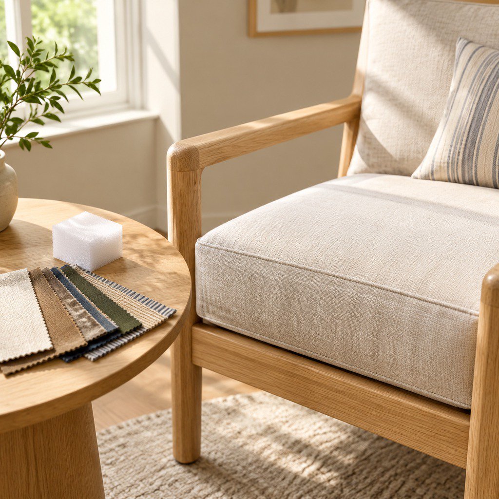 A custom linen bench cushion on an armchair with fabric swatches and a foam sample block arranged on a side table