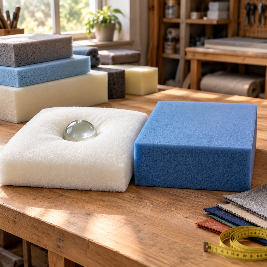 Two custom foam cushion samples side by side on a workshop bench, one plush and one firm, with cut foam blocks showing the difference