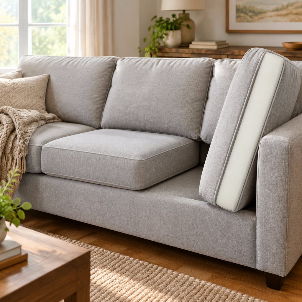 Light gray sofa with thick custom-cut replacement seat cushions, one lifted upright to show the foam thickness
