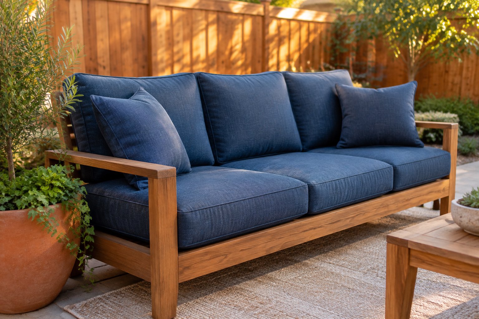 Deep-seat patio sofa with thick custom dark blue outdoor foam cushions on a wooden frame in a backyard