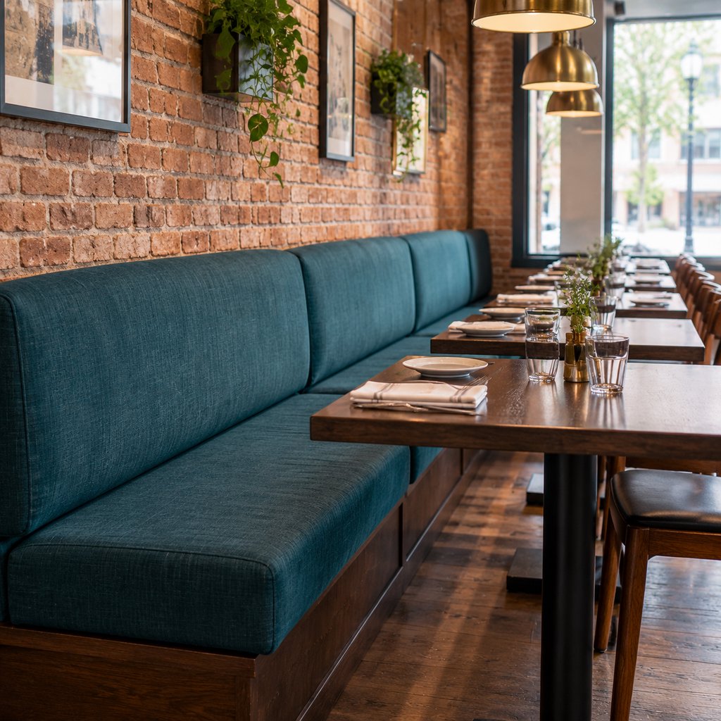 Long banquette bench with custom commercial-grade bench cushions and back cushions along a restaurant wall