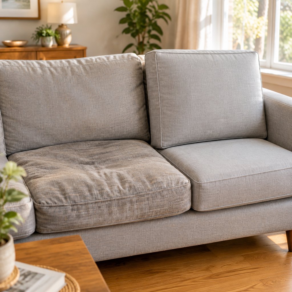 A gray sofa with one sagging worn seat cushion next to a plump new custom replacement cushion with crisp edges